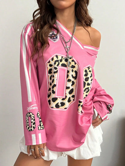 Autumn Women Date Night Streetwear Party Leopard Number Pattern Pink Over Size Long Sleeve T-Shirt New Year Eve /Valentine's Day