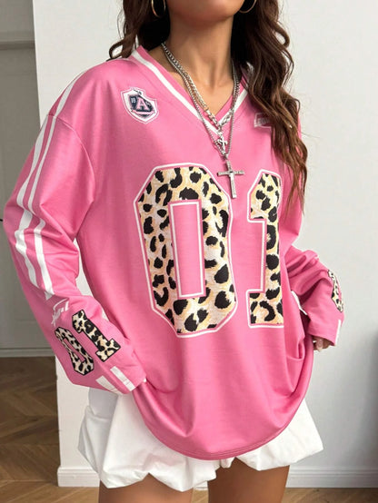 Autumn Women Date Night Streetwear Party Leopard Number Pattern Pink Over Size Long Sleeve T-Shirt New Year Eve /Valentine's Day